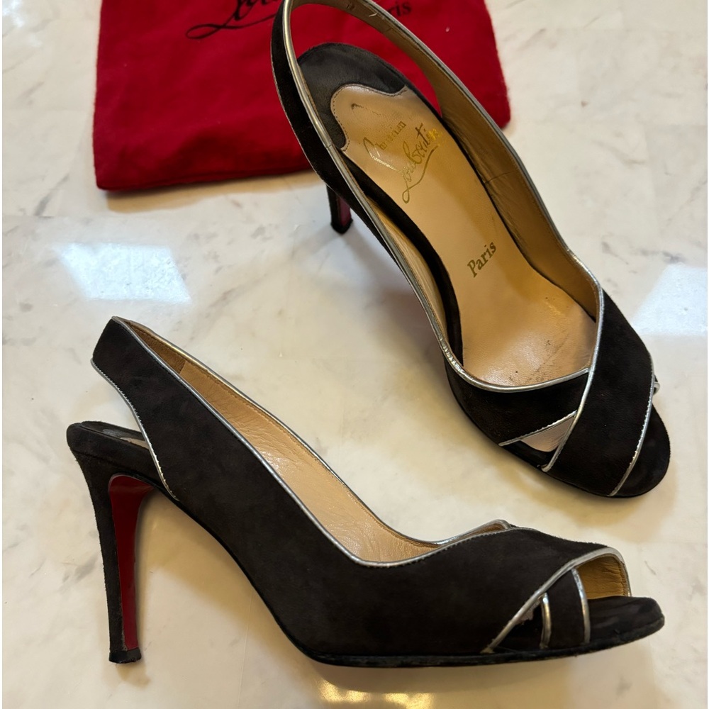 Vintage gray suede with silver trim Louboutin open toe sandals 80 mm heel